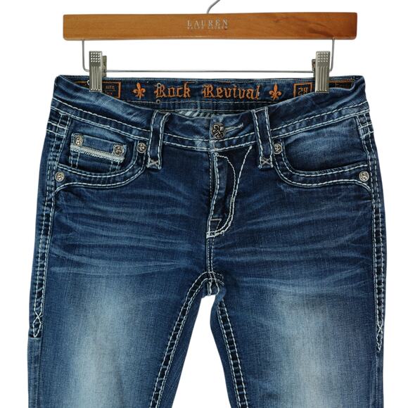 Rock Revival Jeans Womens 28 Blue Low-Rise Bootcut Embellished Essie Y2K Western - Picture 4 of 12